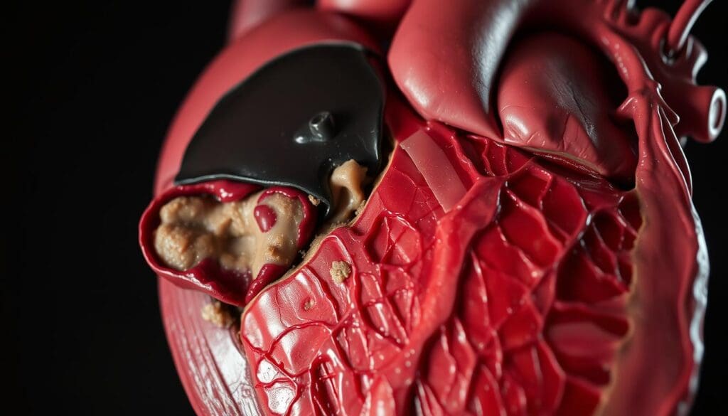 A detailed cross-section of the human heart, showcasing the effects of coronary ischemia. In the foreground, a damaged coronary artery is visible, partially occluded by plaque buildup. The myocardium, or heart muscle, appears discolored and strained, indicating areas of decreased blood flow and oxygen supply. The middle ground reveals the intricate network of blood vessels supplying the heart, some constricted or blocked, casting an ominous shadow on the surrounding tissue. The background depicts the overall anatomy of the heart, with the chambers and valves clearly delineated, to provide context for the ischemic damage. Lighting is soft and muted, enhancing the sense of medical seriousness, while the angle offers a detailed, cross-sectional perspective to facilitate understanding of the underlying pathology. A detailed cross-section of the human heart, showcasing the effects of coronary ischemia. In the foreground, a damaged coronary artery is visible, partially occluded by plaque buildup. The myocardium, or heart muscle, appears discolored and strained, indicating areas of decreased blood flow and oxygen supply. The middle ground reveals the intricate network of blood vessels supplying the heart, some constricted or blocked, casting an ominous shadow on the surrounding tissue. The background depicts the overall anatomy of the heart, with the chambers and valves clearly delineated, to provide context for the ischemic damage. Lighting is soft and muted, enhancing the sense of medical seriousness, while the angle offers a detailed, cross-sectional perspective to facilitate understanding of the underlying pathology.
