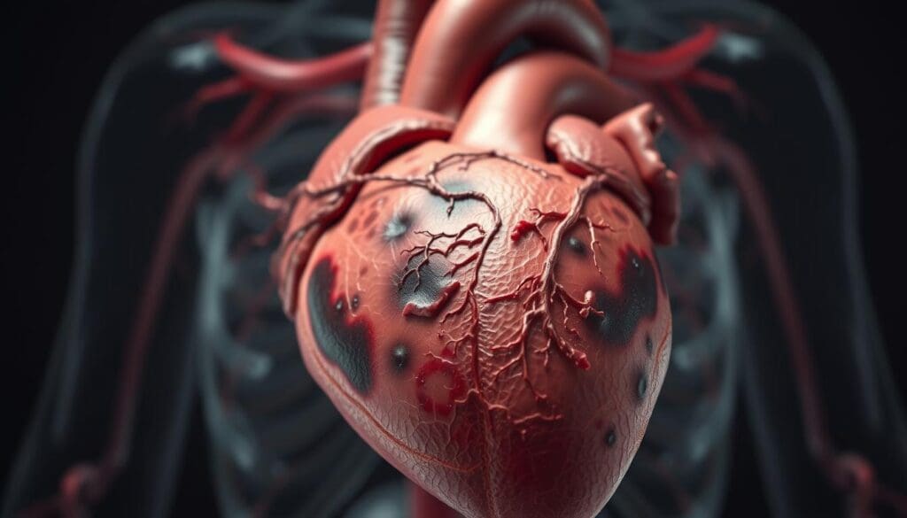 A detailed cross-section of the human heart, showcasing the symptoms of myocardial ischemia. In the foreground, the myocardium (heart muscle) is highlighted, with areas of reduced blood flow and oxygen supply appearing as darkened, mottled regions. The middle ground features the coronary arteries, some partially occluded by plaque buildup, restricting the flow of oxygenated blood. In the background, a faint outline of the thoracic cavity provides anatomical context. The lighting is soft and muted, conveying the seriousness and medical nature of the subject. The overall scene is rendered in a high-resolution, photorealistic style that clearly illustrates the causes and effects of myocardial ischemia. A detailed cross-section of the human heart, showcasing the symptoms of myocardial ischemia. In the foreground, the myocardium (heart muscle) is highlighted, with areas of reduced blood flow and oxygen supply appearing as darkened, mottled regions. The middle ground features the coronary arteries, some partially occluded by plaque buildup, restricting the flow of oxygenated blood. In the background, a faint outline of the thoracic cavity provides anatomical context. The lighting is soft and muted, conveying the seriousness and medical nature of the subject. The overall scene is rendered in a high-resolution, photorealistic style that clearly illustrates the causes and effects of myocardial ischemia.