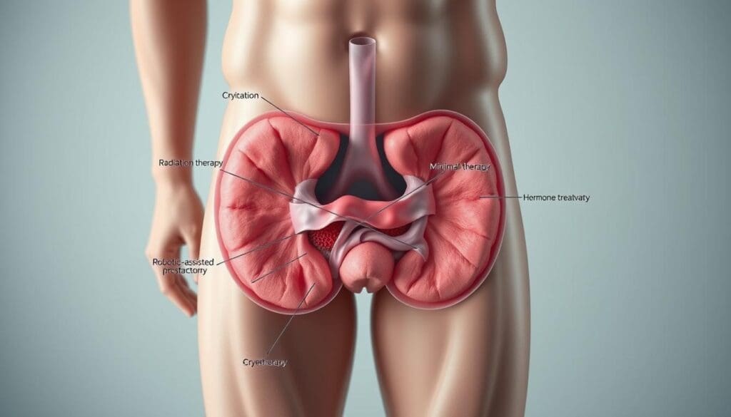 A detailed cross-section of the human male pelvic region, showcasing various prostate cancer treatment approaches. In the foreground, a series of minimally invasive procedures, such as radiation therapy and cryotherapy, are depicted with precision. The middle ground highlights more advanced treatments, including robotic-assisted prostatectomy and hormone therapy. The background subtly features chemotherapy drugs and their impact on the surrounding tissues. The lighting is soft and clinical, emphasizing the medical nature of the scene. The composition is balanced, with a clear focus on the different treatment modalities available for prostate cancer patients. A detailed cross-section of the human male pelvic region, showcasing various prostate cancer treatment approaches. In the foreground, a series of minimally invasive procedures, such as radiation therapy and cryotherapy, are depicted with precision. The middle ground highlights more advanced treatments, including robotic-assisted prostatectomy and hormone therapy. The background subtly features chemotherapy drugs and their impact on the surrounding tissues. The lighting is soft and clinical, emphasizing the medical nature of the scene. The composition is balanced, with a clear focus on the different treatment modalities available for prostate cancer patients.
