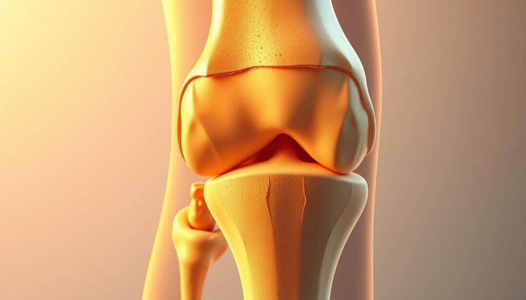 A detailed cross-section of the knee joint, showcasing the intricate anatomy and pathological changes associated with arthritis. The image should depict the cartilage degradation, bone spurs, and joint space narrowing characteristic of this condition. Render the scene with a clinical, yet visually engaging style, using warm lighting and a neutral color palette to emphasize the medical subject matter. Capture the joint from a slightly elevated angle, revealing the structures in clear detail, while maintaining a sense of depth and proportion. Convey the scientific nature of the topic, while also evoking a sense of understanding and educational value for the viewer. A detailed cross-section of the knee joint, showcasing the intricate anatomy and pathological changes associated with arthritis. The image should depict the cartilage degradation, bone spurs, and joint space narrowing characteristic of this condition. Render the scene with a clinical, yet visually engaging style, using warm lighting and a neutral color palette to emphasize the medical subject matter. Capture the joint from a slightly elevated angle, revealing the structures in clear detail, while maintaining a sense of depth and proportion. Convey the scientific nature of the topic, while also evoking a sense of understanding and educational value for the viewer.