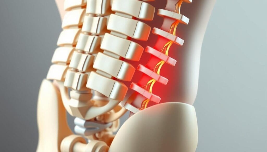 A detailed cross-section of the lower back, highlighting the compression of the spinal nerve. The scene features a crisp, medical-style illustration showcasing the vertebrae, discs, and the pinched nerve with precision. The lighting is clean and evenly distributed, creating a clinical, educational atmosphere. The angle is a slight side view, allowing for a clear, unobstructed visualization of the nerve compression. The color palette is muted, focusing on anatomical accuracy over vibrant hues. The overall tone is informative and intended to aid in the understanding of lower back nerve compression.