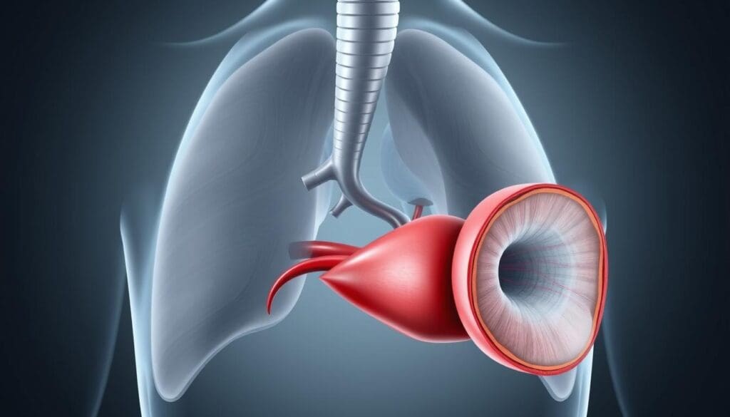 A detailed cross-section view of a human thoracic aorta, showcasing the gradual growth and expansion of an aortic aneurysm over time. The image should depict the aortic wall thickening and the lumen gradually increasing in size, conveying the natural progression of this condition. Utilize a neutral, scientific color palette with shades of gray, blue, and red to highlight the anatomical structures. The lighting should be soft and evenly distributed, creating a sense of clinical precision. The camera angle should be slightly elevated to provide a clear, unobstructed view of the aortic segment. The overall mood should be informative and educational, suitable for a medical publication.