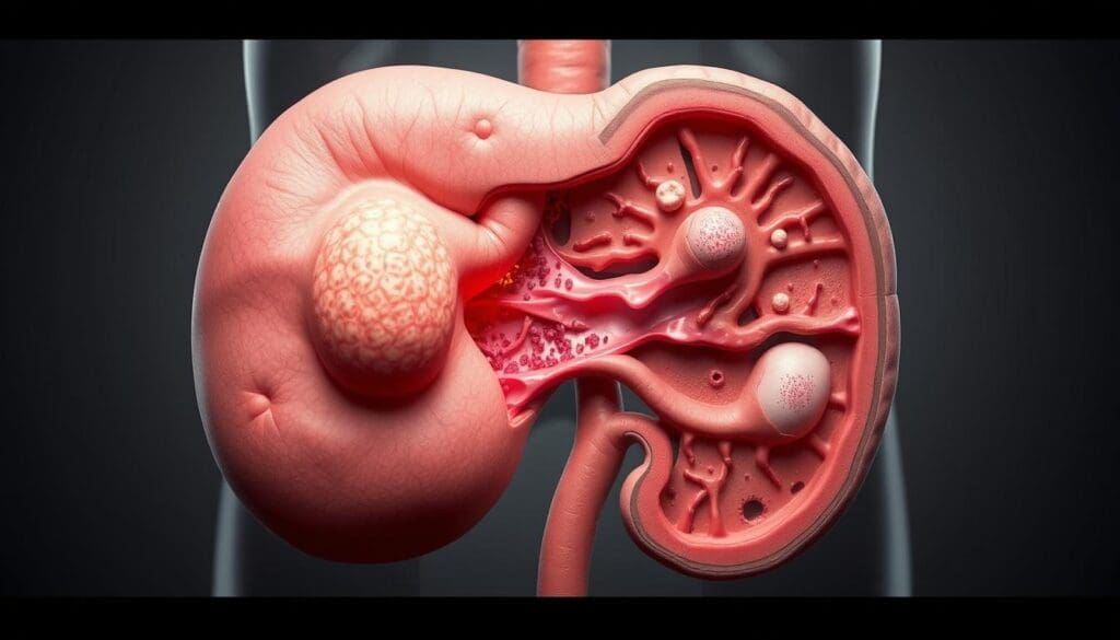 A detailed cross-section view of advanced prostate cancer, showcasing the tumor's aggressive growth, invasion into surrounding tissues, and disruption of normal anatomical structures. The foreground depicts the enlarged, irregularly-shaped prostate gland with a prominent, malignant mass. Histological details of the cancerous cells are visible, conveying their rapid proliferation and loss of normal architecture. The middle ground reveals the tumor's infiltration into the bladder, seminal vesicles, and pelvic lymph nodes, highlighting the disease's advanced stage. The background features a subtly-lit, muted color palette to emphasize the seriousness and gravity of the medical condition. Realistic lighting, subtle textures, and a sense of scientific precision create a impactful, educational visualization to support the treatment overview. A detailed cross-section view of advanced prostate cancer, showcasing the tumor's aggressive growth, invasion into surrounding tissues, and disruption of normal anatomical structures. The foreground depicts the enlarged, irregularly-shaped prostate gland with a prominent, malignant mass. Histological details of the cancerous cells are visible, conveying their rapid proliferation and loss of normal architecture. The middle ground reveals the tumor's infiltration into the bladder, seminal vesicles, and pelvic lymph nodes, highlighting the disease's advanced stage. The background features a subtly-lit, muted color palette to emphasize the seriousness and gravity of the medical condition. Realistic lighting, subtle textures, and a sense of scientific precision create a impactful, educational visualization to support the treatment overview.