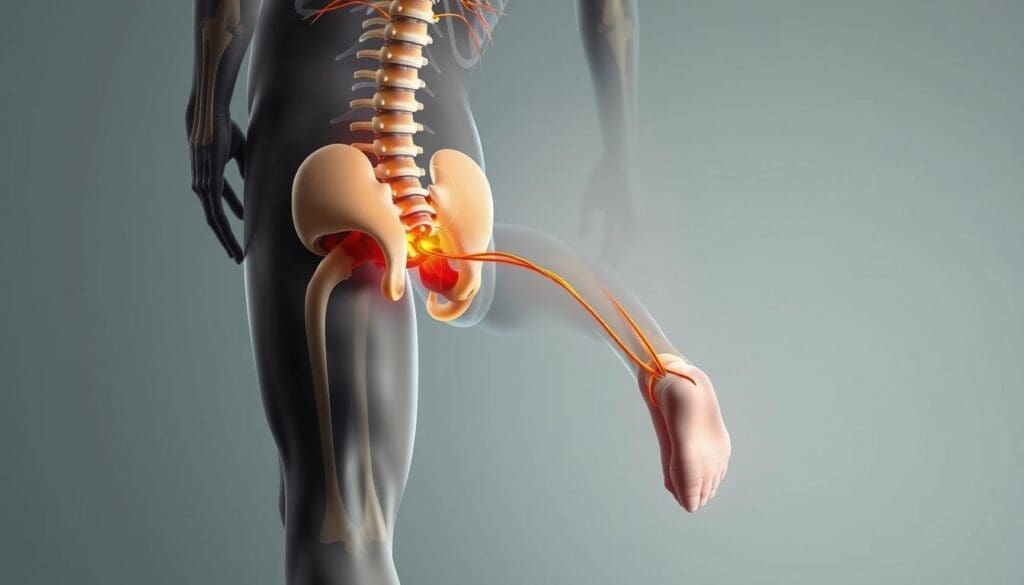 A detailed cross-section view of the human back and leg, highlighting the intricate anatomical connections that can contribute to pain transmission. The image should showcase the vertebral column, spinal nerves, muscle groups, and connective tissues linking the back and lower extremities. Employ a muted color palette, soft lighting, and a cutaway perspective to create a sense of clinical precision and educational clarity. The overall tone should convey a scientific, informative, and slightly clinical atmosphere to align with the subject matter.
