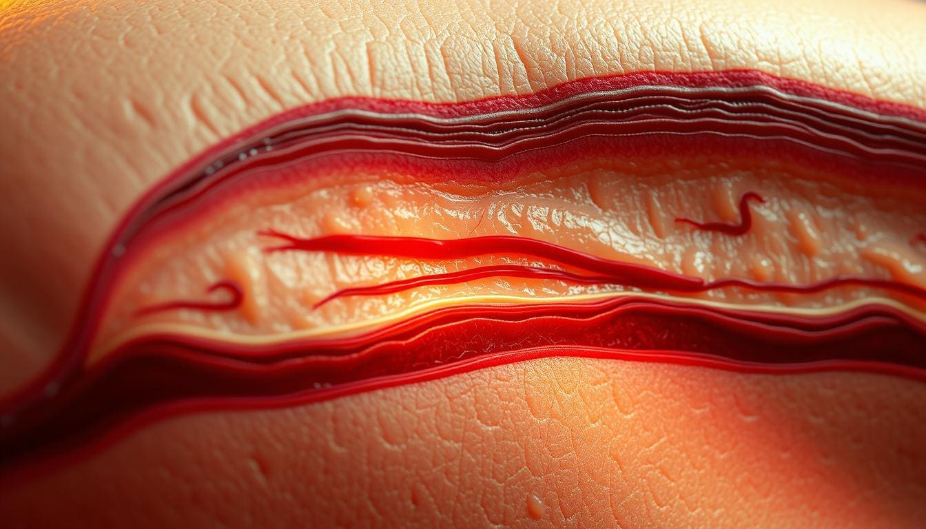 A detailed cross-section view of the human skin, revealing the intricate mechanisms of local anesthesia. The epidermis and dermis layers are clearly visible, with a focused view on the subcutaneous tissue where the anesthetic is injected. Delicate nerves and blood vessels are rendered with precision, showcasing how the anesthetic agent blocks the transmission of pain signals. The scene is bathed in warm, directional lighting that emphasizes the depth and texture of the various tissue layers. The overall atmosphere is one of scientific clarity and medical insight, conveying the essential workings of this crucial surgical technique.