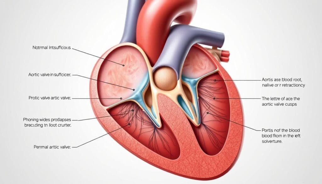 A detailed cross-sectional anatomical illustration showcasing the aortic valve and surrounding structures. The aorta and left ventricle are prominently featured, with a focus on the aortic valve and its components - the aortic cusps and commissures. The illustration should clearly depict the normal anatomy as well as the pathological changes associated with aortic valve insufficiency, such as the widening of the aortic root, prolapse or retraction of the valve cusps, and the resultant backflow of blood from the aorta into the left ventricle. The image should have a clean, clinical aesthetic with muted colors, high contrast, and sharp focus to accentuate the anatomical details. Lighting should be neutral, with a subtle directional source to create depth and dimension. The angle should provide an unobstructed, informative view of the relevant structures.