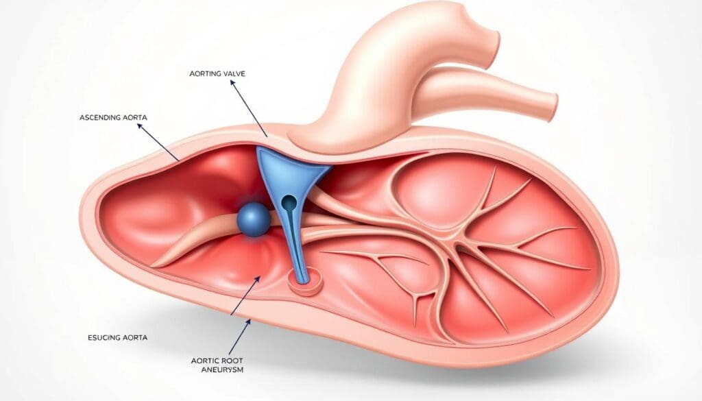 A detailed cross-sectional diagram of the aortic root, showcasing the aortic valve and the ascending aorta. The image should have a scientific, medical illustration style, with a neutral color palette and clean lines. The aortic root should be prominently displayed, highlighting its anatomical structure and any abnormalities associated with an aortic root aneurysm. The lighting should be soft and directional, emphasizing the three-dimensional nature of the subject. The angle should be slightly elevated, providing a clear view of the aortic root and its components. The overall mood should be informative and educational, conveying the medical nature of the topic.