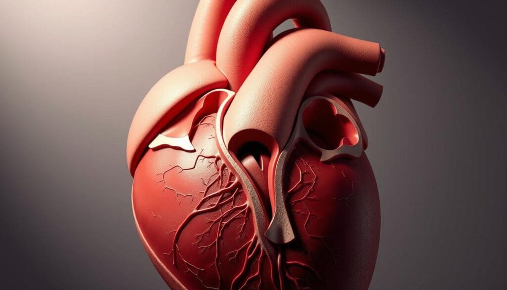 A detailed, cross-sectional diagram of the human heart, showcasing the aortic valve and surrounding structures. The image should be rendered in a lifelike, photorealistic style, with precise anatomical accuracy and a muted, clinical color palette. The focus should be on the aortic valve, clearly displaying the narrowing or obstruction that is characteristic of aortic stenosis. Subtle lighting from the left side casts gentle shadows, enhancing the three-dimensional depth and structure of the heart. The background should be a neutral, minimalist setting, allowing the viewer to concentrate on the medical details of the condition.