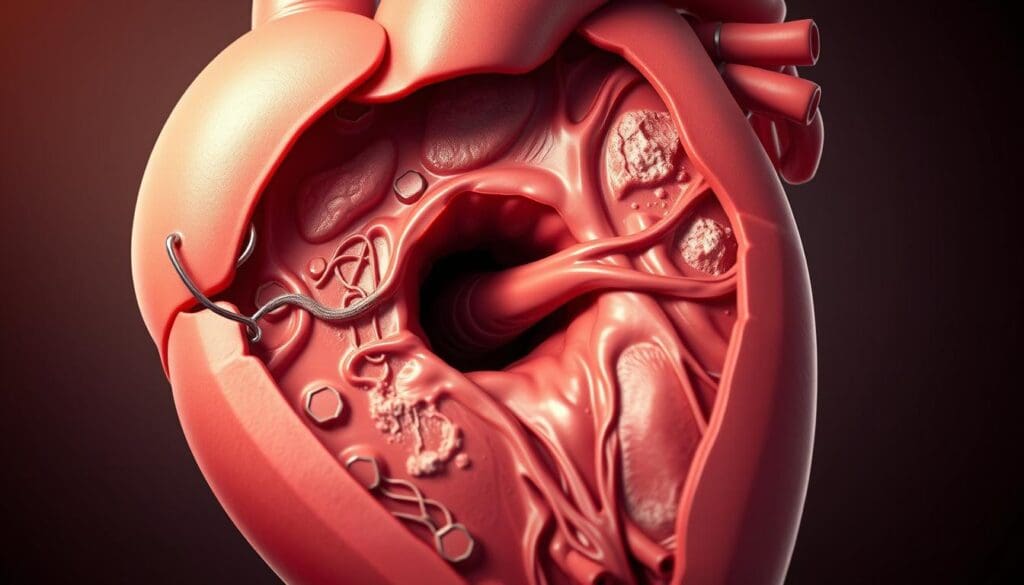 A detailed, cross-sectional illustration depicting the heart and aortic valve during a clinical diagnosis of aortic stenosis. The image should showcase the narrowed aortic valve opening, calcification, and the turbulent blood flow through the constricted passage. Render the scene with a medical, diagnostic atmosphere using soft, directional lighting that casts subtle shadows. Depict the heart and surrounding anatomy with anatomical accuracy and technical precision, capturing the nuanced details that a physician would examine. The overall mood should convey a sense of clinical evaluation and assessment of this cardiovascular condition. A detailed, cross-sectional illustration depicting the heart and aortic valve during a clinical diagnosis of aortic stenosis. The image should showcase the narrowed aortic valve opening, calcification, and the turbulent blood flow through the constricted passage. Render the scene with a medical, diagnostic atmosphere using soft, directional lighting that casts subtle shadows. Depict the heart and surrounding anatomy with anatomical accuracy and technical precision, capturing the nuanced details that a physician would examine. The overall mood should convey a sense of clinical evaluation and assessment of this cardiovascular condition.