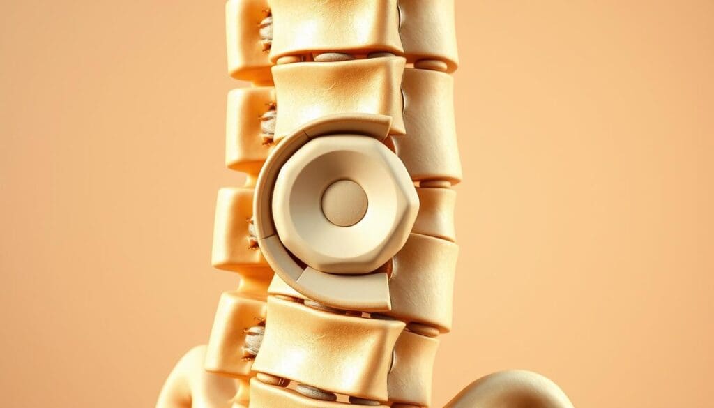 A detailed, cross-sectional illustration of a herniated lumbar disc. The foreground depicts the spine, with a prominent bulge or protrusion emerging from the L4-L5 disc, pressing against the surrounding nerve roots. Use a realistic, anatomical style with high contrast and fine detail, showcasing the disc material, nerve structures, and vertebrae. The middle ground shows the surrounding muscles and soft tissues, with a slight hazy, muted tone to draw attention to the disc injury. The background features a clean, neutral environment, allowing the anatomy to be the focal point. Use warm, natural lighting angled from the side to create depth and shadow. Capture this condition with a clinical, educational tone suitable for a medical article.