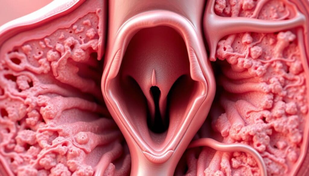 A detailed cross-sectional illustration of aortic arterial stenosis, depicting a narrowed and thickened aortic valve surrounded by a calcified, rigid arterial wall. The image should convey a sense of medical precision, with a focus on the anatomical structures and pathological changes. Render the scene with a soft, natural lighting that highlights the contrasts between the healthy and diseased tissue. Use a slightly elevated camera angle to provide a clear, detailed view of the stenotic aortic valve and the surrounding vasculature. The overall mood should be one of clinical objectivity, facilitating a deeper understanding of this cardiovascular condition.