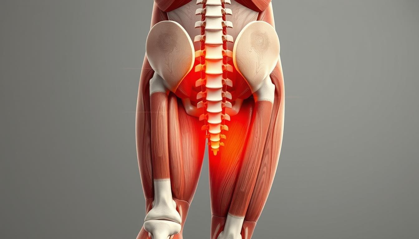 A detailed cross-sectional illustration of the lower body, showcasing the musculoskeletal structures and the connection between leg pain and lower back issues. Crisp, high-resolution photography-like rendering, with a neutral color palette and soft, even lighting from an overhead source. The foreground displays the major muscle groups of the thighs, calves, and lower back, with clear anatomical labeling. The middle ground reveals the intervertebral discs, sciatic nerve, and associated spinal structures. The background subtly hints at the surrounding context, such as the pelvic girdle and hip joint. The overall mood is one of scientific clarity and educational purpose, inviting the viewer to understand the underlying causes of the conditions depicted.