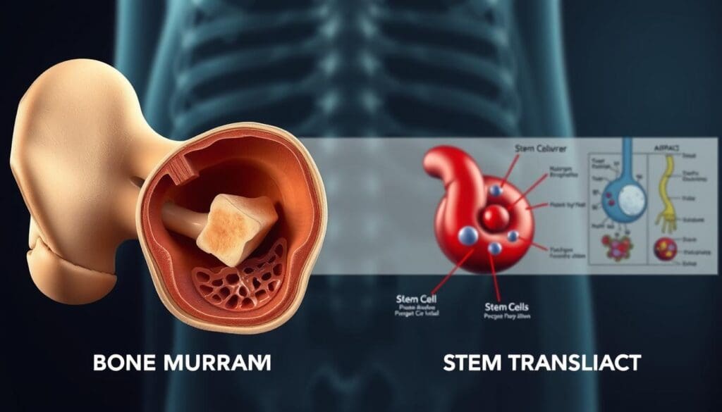 A detailed cross-sectional illustration showcasing the differences between a bone marrow transplant and a stem cell transplant. In the foreground, depict a bone marrow transplant procedure, highlighting the extraction of marrow from the hip bone. In the middle ground, contrast this with the extraction of stem cells from the bloodstream during a stem cell transplant. In the background, include a labeled diagram outlining the key anatomical structures and cellular compositions unique to each procedure. Render the image with a scientific, clinical aesthetic using muted tones, crisp lighting, and a shallow depth of field to draw the viewer's focus.