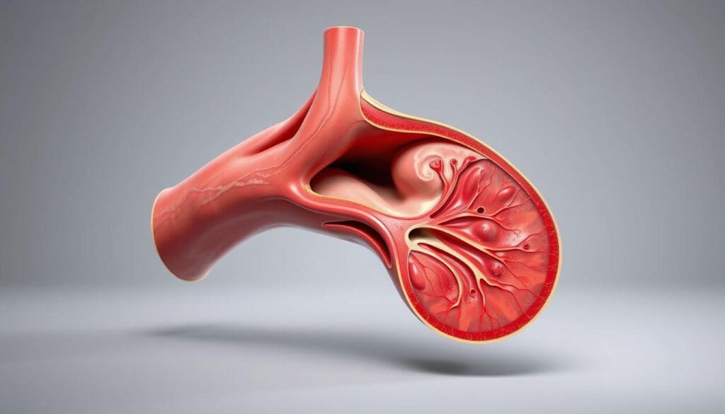 A detailed cross-sectional view of a dilated ascending aorta, rendered in photorealistic medical illustration style. The aorta appears enlarged and distended, with a clear visualization of the ascending portion. The image showcases the anatomical structure and pathology, providing a clear understanding of the condition. The lighting is soft and directional, highlighting the contours and textures of the aortic vessel. The background is clean and devoid of distractions, allowing the viewer to focus on the subject matter. The overall mood is one of clinical precision and educational intent, suitable for a medical journal or textbook.