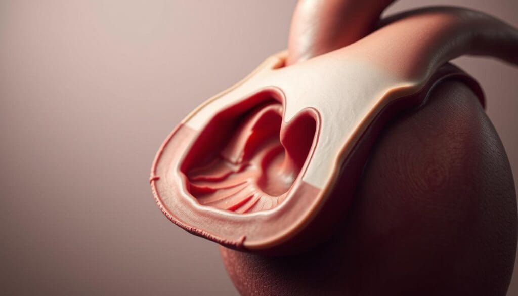 A detailed, cross-sectional view of a human heart valve affected by stenosis. The valve is prominently displayed in the foreground, with its rigid, narrowed leaflets obstructing the flow of blood. The surrounding cardiac tissue is visible in the middle ground, showcasing the anatomical context. The background depicts a muted, neutral palette, allowing the medical details to take center stage. The lighting is soft and diffuse, creating subtle shadows that emphasize the valve's three-dimensional structure. The overall composition conveys a sense of clinical precision, inviting the viewer to examine the condition and its impact on cardiovascular function.