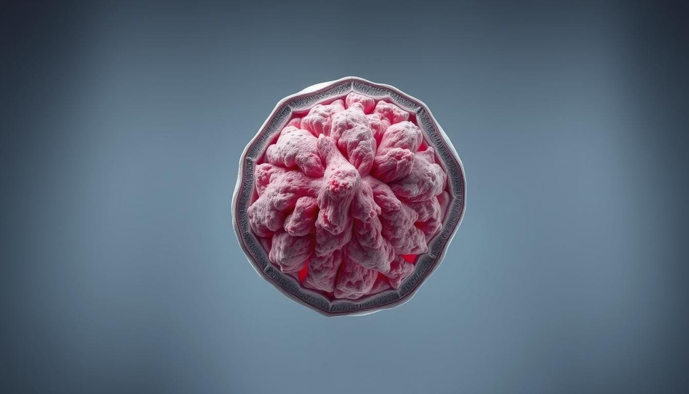 A detailed cross-sectional view of an enlarged lymph node with cancerous growth. The node is depicted in the middle ground, magnified to showcase the abnormal cellular structures and proliferation. The background is a subtle gradient, allowing the medical subject to take center stage. The lighting is soft and directional, creating depth and highlighting the textural features of the diseased tissue. The color palette is muted, conveying the seriousness of the condition, with a focus on the various shades of gray, pink, and purple. The angle is slightly elevated, providing an informative perspective for understanding the anatomy and pathology of lymph node cancer.