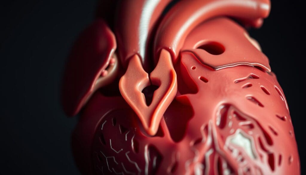 A detailed, cross-sectional view of the human heart, focused on the aortic valve. The valve is shown in crisp detail, revealing its intricate leaflet structure and the surrounding anatomical features. The image is captured with a shallow depth of field, gently blurring the background to emphasize the valve. Soft, directional lighting creates depth and highlights the valve's contours, conveying a sense of technical precision. The overall mood is one of clinical clarity, inviting the viewer to closely examine the mechanics of this crucial heart valve.