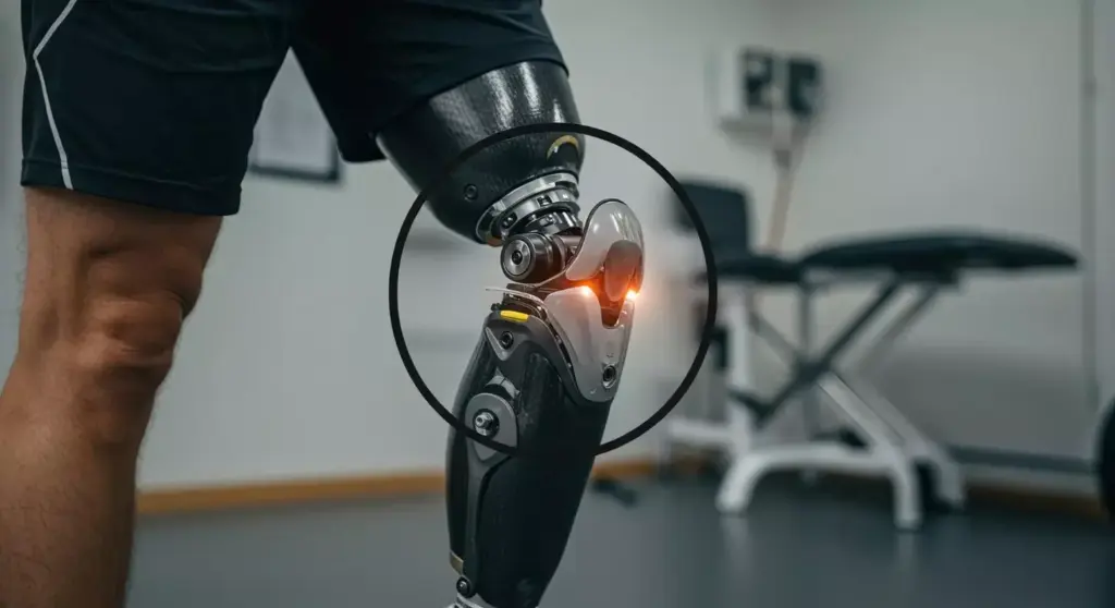 A detailed cutaway view showcasing the biomechanics of a prosthetic knee joint. The foreground depicts the joint's internal components - reinforced titanium alloy femoral and tibial components, a high-density polyethylene bearing, and a sophisticated damping mechanism. The middle ground features arrows and force vectors illustrating the complex distribution of compressive, tensile, and shear forces experienced during dynamic activities like jumping. The background portrays a clean, clinical environment with bright, diffuse lighting, highlighting the precision engineering required for this medical application. The overall mood conveys a sense of technical sophistication and the rigorous design process necessary to enable natural, pain-free movement after joint replacement surgery. A detailed cutaway view showcasing the biomechanics of a prosthetic knee joint. The foreground depicts the joint's internal components - reinforced titanium alloy femoral and tibial components, a high-density polyethylene bearing, and a sophisticated damping mechanism. The middle ground features arrows and force vectors illustrating the complex distribution of compressive, tensile, and shear forces experienced during dynamic activities like jumping. The background portrays a clean, clinical environment with bright, diffuse lighting, highlighting the precision engineering required for this medical application. The overall mood conveys a sense of technical sophistication and the rigorous design process necessary to enable natural, pain-free movement after joint replacement surgery.