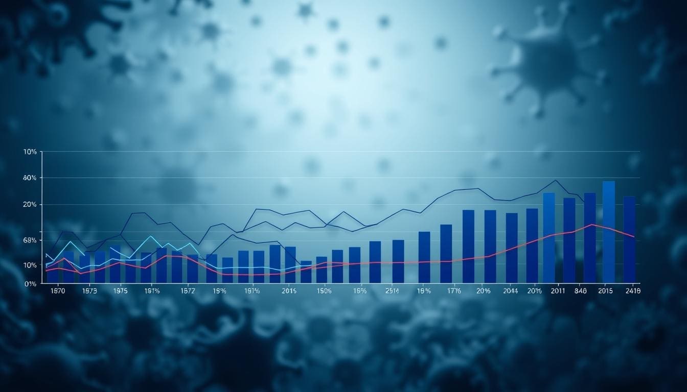 A detailed data visualization depicting the recurrence rates of leukemia, specifically acute myeloid leukemia (AML). In the foreground, a series of dynamic line graphs and bar charts illustrate the complex patterns of remission, relapse, and long-term outcomes. The middle ground features a thoughtful color palette of blues and grays, conveying the somber but hopeful nature of the subject matter. In the background, a subtle, textured backdrop evokes the intricate cellular landscape of the disease. Crisp lighting and a slightly angled perspective lend a sense of clinical precision and analytical depth to the scene. The overall mood is one of sober reflection, guiding the viewer through the nuanced realities of leukemia recurrence.