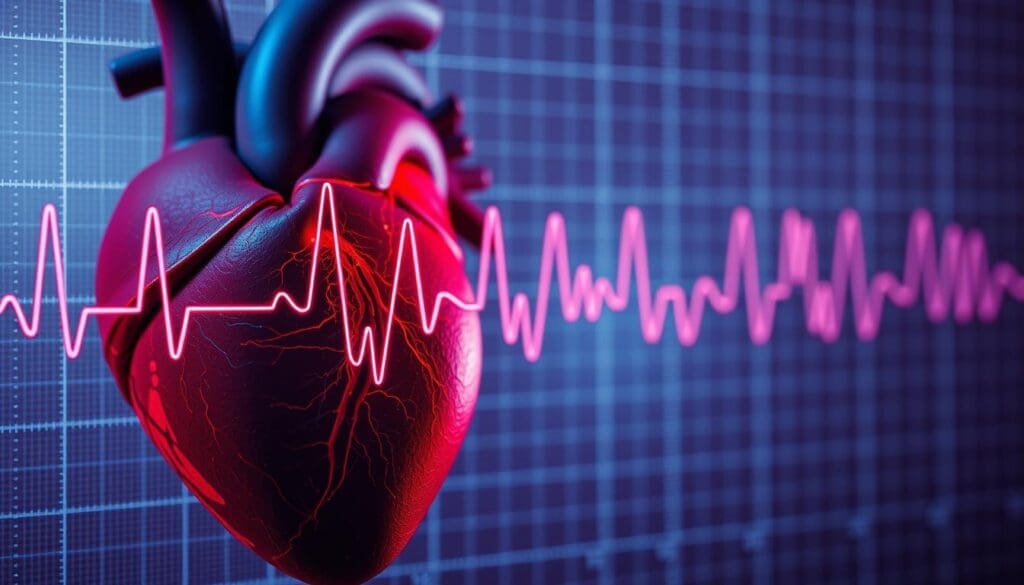 A detailed electrocardiogram display showcasing the complex patterns and rhythms of heart palpitations over time. The foreground features a close-up view of the pulsating heart muscle, with vivid red and blue tones capturing the intensity of the irregular contractions. The middle ground presents a clear, data-driven line graph charting the duration and frequency of the palpitations, while the background blurs into a soft, muted color palette reminiscent of medical imagery. Dramatic lighting and a shallow depth of field create a sense of technical precision and clinical observation, perfectly suited to illustrate the typical duration patterns of this cardiovascular condition. A detailed electrocardiogram display showcasing the complex patterns and rhythms of heart palpitations over time. The foreground features a close-up view of the pulsating heart muscle, with vivid red and blue tones capturing the intensity of the irregular contractions. The middle ground presents a clear, data-driven line graph charting the duration and frequency of the palpitations, while the background blurs into a soft, muted color palette reminiscent of medical imagery. Dramatic lighting and a shallow depth of field create a sense of technical precision and clinical observation, perfectly suited to illustrate the typical duration patterns of this cardiovascular condition.