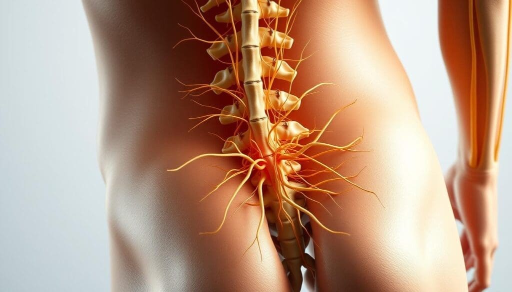 A detailed, high-quality anatomical illustration of the lower back region, showcasing the intricate network of nerves that control critical bodily functions. The image should have a clean, professional appearance, with a neutral color palette and a focus on accurately depicting the nerve pathways and structures. Utilize natural lighting and a slightly elevated camera angle to provide a clear, unobstructed view of the lumbar spine. The overall mood should convey a sense of scientific precision and educational value, suitable for use in a medical or educational context. A detailed, high-quality anatomical illustration of the lower back region, showcasing the intricate network of nerves that control critical bodily functions. The image should have a clean, professional appearance, with a neutral color palette and a focus on accurately depicting the nerve pathways and structures. Utilize natural lighting and a slightly elevated camera angle to provide a clear, unobstructed view of the lumbar spine. The overall mood should convey a sense of scientific precision and educational value, suitable for use in a medical or educational context.