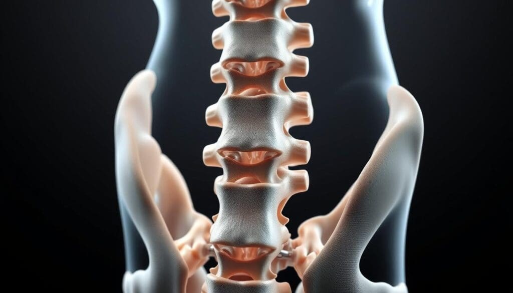 A detailed, high-resolution 3D render of the human spine anatomy, showcasing the intervertebral discs, vertebrae, and their connection to the hips. The discs should appear semi-transparent, allowing a clear view of the spinal column. The scene should be lit with soft, directional lighting, creating subtle shadows and highlighting the intricate structures. The camera angle should be slightly elevated, providing a comprehensive view of the spine-hip relationship. The overall mood should be educational and informative, with a focus on the anatomical precision and visual clarity to effectively illustrate the topic of spinal discs and hip connection.
