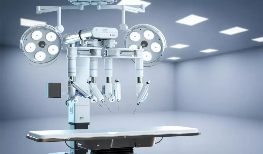 A detailed, high-resolution image of the da Vinci Surgical System, showcasing its evolution in robotic surgery. The foreground features the robotic arms and console, precisely crafted with intricate mechanical details. The middle ground displays the surgical bed and surrounding medical equipment, conveying a sense of advanced technological integration. The background depicts a modern operating room with sleek, minimalist design elements and muted lighting, creating a calm and professional atmosphere. The overall composition emphasizes the system's innovative engineering, precision, and seamless integration into the surgical environment.