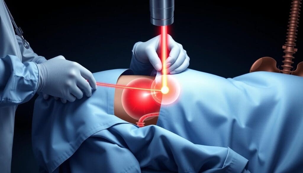 A detailed, high-resolution medical illustration of a laser prostate ablation procedure. Show the patient in a surgical gown lying on an operating table, with a physician performing the minimally-invasive treatment using a narrow laser fiber inserted through the urethra. Depict the laser beam precisely targeting and ablating the prostate tissue, while surrounding anatomy such as the bladder, rectum, and pelvic bones are visible in the background. Bright surgical lighting illuminates the scene, creating a clinical, technical atmosphere. Convey the precision and effectiveness of this advanced, non-surgical treatment for an enlarged prostate.