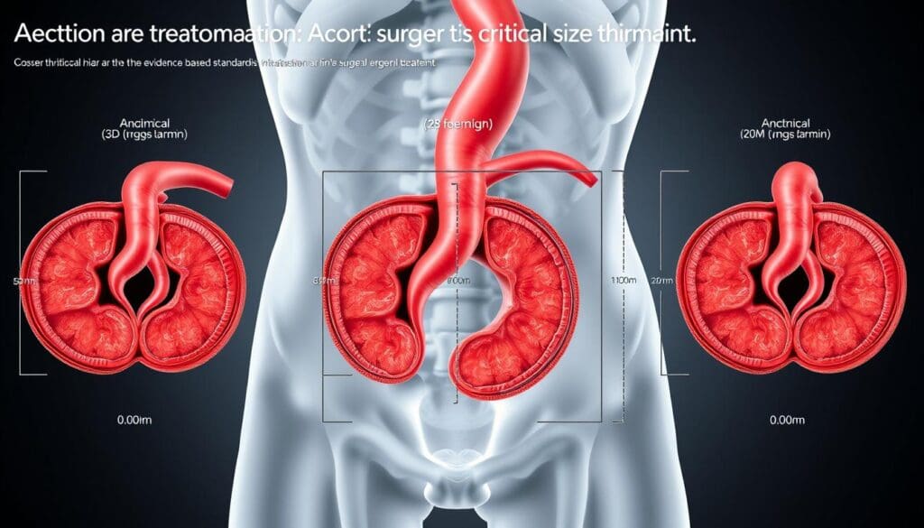 A detailed, high-resolution photorealistic medical diagram depicting the critical size thresholds for abdominal aortic aneurysm (AAA) surgical intervention. The image showcases multiple cross-sectional views of the abdominal aorta, clearly highlighting the anatomical landmarks and precise size measurements in millimeters that are considered the evidence-based standards for safe surgical treatment. The diagram is rendered with a clean, clinical aesthetic using natural daylight illumination, sharp focus, and a neutral color palette to convey the technical, informative nature of the content. Subtle grid lines and annotations provide visual clarity without distracting from the core visual information.