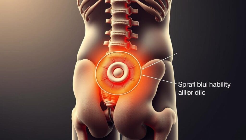 A detailed human anatomy illustration depicting a cross-section view of a bulging disc in the lower back, highlighting its impact on the surrounding hip area. The image should feature a realistic, high-resolution rendering of the spinal column, intervertebral discs, and the sciatic nerve pathway, showcasing how a bulging disc can compress and irritate the nerve, causing radiating pain in the hip region. The composition should be well-balanced, with a focus on the key anatomical structures, and a muted, earthy color palette to convey a sense of medical accuracy and clarity. The lighting should be soft and diffused, creating subtle shadows to enhance the three-dimensional quality of the illustration.