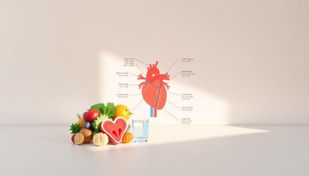 A detailed illustration of essential heart health tips on a clean, minimalist background. In the foreground, a cluster of colorful icons depicting healthy lifestyle choices - a nutritious salad, a pair of running shoes, a glass of water, a sleeping figure. In the middle ground, a schematic diagram of the cardiovascular system, highlighting key components like the heart, arteries, and veins. The background is a soft, muted gradient, creating a calming, informative atmosphere. Natural lighting casts gentle shadows, emphasizing the simplicity and clarity of the design. The overall composition conveys the importance of preventive measures for maintaining a healthy heart.