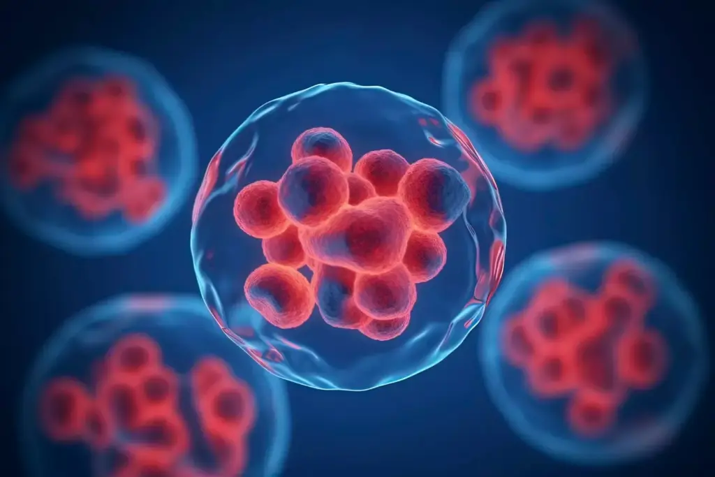 A detailed illustration of ovarian cancer cells undergoing chemotherapy treatment. In the foreground, magnified ovarian cancer cells with their distinct nuclei and irregular shapes are visible. In the middle ground, a network of blood vessels and surrounding tissue represents the body's response to the disease. In the background, an array of chemotherapeutic drugs in various molecular structures and colors are depicted, symbolizing the complex and multifaceted approach to cancer treatment. The scene is captured under warm, diffused lighting that casts soft shadows, evoking a contemplative and educational atmosphere. The overall composition aims to convey the intricate relationship between ovarian cancer and the role of chemotherapy in managing this complex condition. A detailed illustration of ovarian cancer cells undergoing chemotherapy treatment. In the foreground, magnified ovarian cancer cells with their distinct nuclei and irregular shapes are visible. In the middle ground, a network of blood vessels and surrounding tissue represents the body's response to the disease. In the background, an array of chemotherapeutic drugs in various molecular structures and colors are depicted, symbolizing the complex and multifaceted approach to cancer treatment. The scene is captured under warm, diffused lighting that casts soft shadows, evoking a contemplative and educational atmosphere. The overall composition aims to convey the intricate relationship between ovarian cancer and the role of chemotherapy in managing this complex condition.