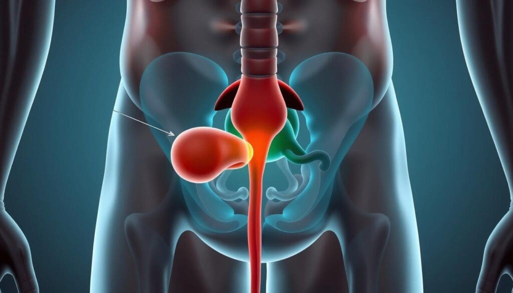 A detailed illustration of the lower abdomen showcasing the enlarged prostate gland and its impact on the urinary system. The scene depicts the prostate pressing against the urethra, causing a constricted flow of urine and the associated symptoms of frequent urination, weak stream, and a sensation of incomplete bladder emptying. The image should use a clinical, anatomical style with muted colors and soft lighting to convey the medical nature of the subject matter. Emphasis should be placed on the relationship between the enlarged prostate and the surrounding urinary structures, allowing viewers to clearly understand the physiological changes driving the BPH symptoms.