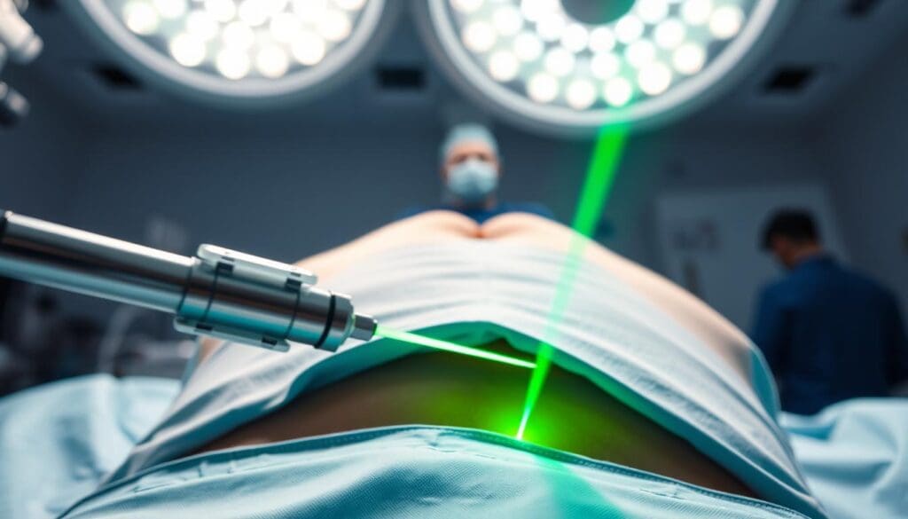 A detailed image of a GreenLight laser prostate surgery procedure. The foreground shows the surgical instrument, a slender green laser, precisely targeting the prostate tissue. The middle ground depicts the patient's lower abdomen, with a surgical drape covering the area. The background showcases the medical equipment and sterile environment of the operating room, including bright overhead lighting and the silhouettes of medical personnel. The lighting is crisp and clinical, emphasizing the technical nature of the procedure. The overall composition conveys the advanced, minimally invasive nature of the GreenLight laser surgery technique. A detailed image of a GreenLight laser prostate surgery procedure. The foreground shows the surgical instrument, a slender green laser, precisely targeting the prostate tissue. The middle ground depicts the patient's lower abdomen, with a surgical drape covering the area. The background showcases the medical equipment and sterile environment of the operating room, including bright overhead lighting and the silhouettes of medical personnel. The lighting is crisp and clinical, emphasizing the technical nature of the procedure. The overall composition conveys the advanced, minimally invasive nature of the GreenLight laser surgery technique.
