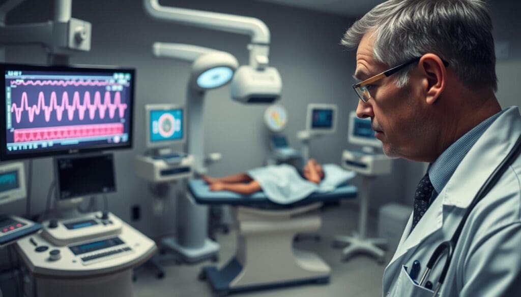 A detailed medical diagnostic scene depicting an ischemia diagnosis. In the foreground, a doctor examines an electrocardiogram readout, their face furrowed in concentration. Surrounding them, a variety of advanced medical equipment – monitors, scanners, and diagnostic tools – arranged in a clean, clinical setting. The middle ground features a patient lying on an examination table, undergoing various tests and procedures to assess their condition. In the background, a sense of calm professionalism, with muted colors and subtle lighting evoking the atmosphere of a well-equipped medical facility. The overall scene conveys the serious yet focused nature of the ischemia diagnosis process. A detailed medical diagnostic scene depicting an ischemia diagnosis. In the foreground, a doctor examines an electrocardiogram readout, their face furrowed in concentration. Surrounding them, a variety of advanced medical equipment – monitors, scanners, and diagnostic tools – arranged in a clean, clinical setting. The middle ground features a patient lying on an examination table, undergoing various tests and procedures to assess their condition. In the background, a sense of calm professionalism, with muted colors and subtle lighting evoking the atmosphere of a well-equipped medical facility. The overall scene conveys the serious yet focused nature of the ischemia diagnosis process.