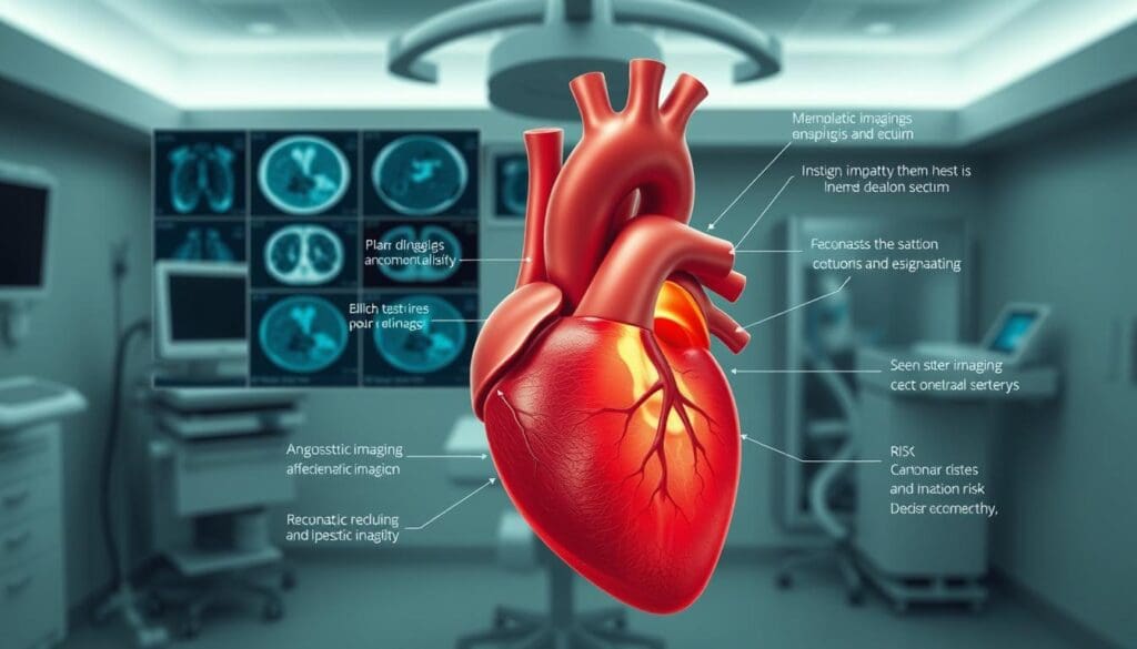 A detailed medical diagram depicting the comprehensive risk assessment and diagnosis of ischemic heart disease. In the foreground, a detailed cross-section of the heart, showcasing the affected coronary arteries and the ischemic region. The middle ground features various diagnostic imaging modalities such as angiography, CT scans, and stress tests, with technical annotations. The background provides a clinical setting, with medical equipment and a serene atmosphere to convey a sense of professionalism and care. Lighting is soft and natural, with a muted color palette to emphasize the technical nature of the subject matter. The overall composition should feel authoritative, informative, and tailored to the specified article section. A detailed medical diagram depicting the comprehensive risk assessment and diagnosis of ischemic heart disease. In the foreground, a detailed cross-section of the heart, showcasing the affected coronary arteries and the ischemic region. The middle ground features various diagnostic imaging modalities such as angiography, CT scans, and stress tests, with technical annotations. The background provides a clinical setting, with medical equipment and a serene atmosphere to convey a sense of professionalism and care. Lighting is soft and natural, with a muted color palette to emphasize the technical nature of the subject matter. The overall composition should feel authoritative, informative, and tailored to the specified article section.