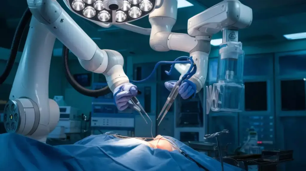 A detailed medical illustration depicting a robotic myomectomy procedure. The foreground shows the surgical area, with the uterus exposed and the surgeon's hands delicately removing a fibroid tumor. The middle ground features the robotic surgical arms, precisely maneuvering to assist the surgeon. The background showcases the medical theater, with state-of-the-art equipment and a serene, sterile environment. The lighting is soft and directional, emphasizing the intricate details of the procedure. The composition and perspective convey a sense of technical precision and medical expertise, reflecting the complexity of the myomectomy operation while preserving the patient's fertility.