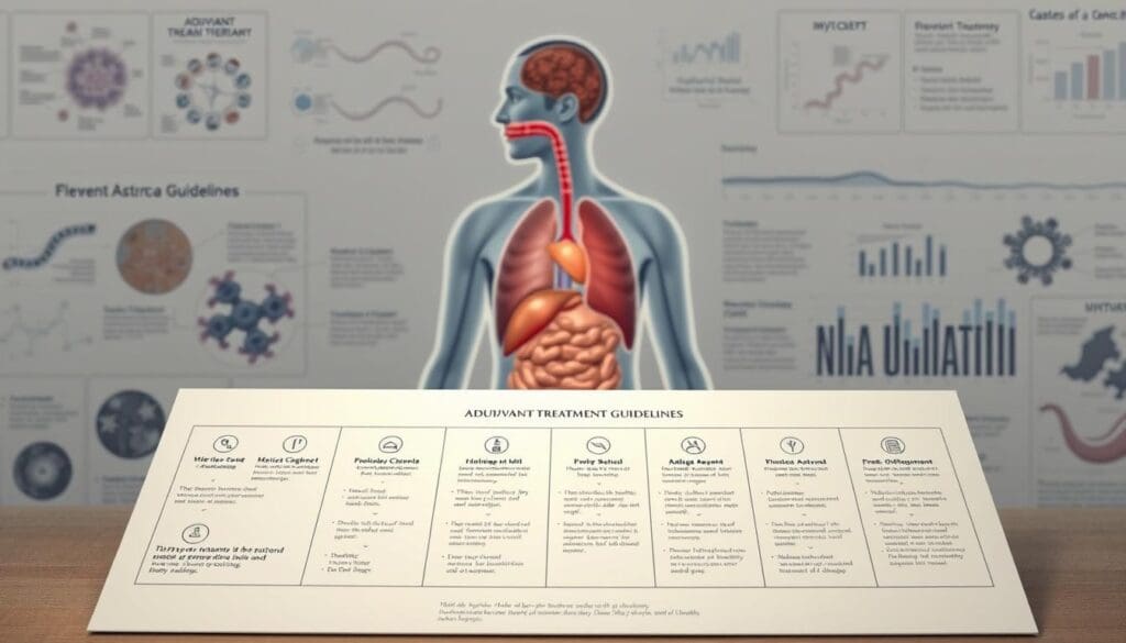 A detailed medical illustration depicting "Adjuvant Treatment Guidelines" for cancer therapy. The foreground shows a clear diagram outlining the various stages and components of adjuvant treatment, with precise icons and labels. The middle ground features a realistic cross-section of human anatomy, highlighting the affected areas. The background contains muted medical imagery such as microscopic cell structures, molecular diagrams, and subtle color-coded data visualizations. Soft, directional lighting illuminates the scene, creating depth and emphasizing the important details. The overall aesthetic is professional, informative, and visually engaging, suitable for use in a high-quality medical publication. A detailed medical illustration depicting "Adjuvant Treatment Guidelines" for cancer therapy. The foreground shows a clear diagram outlining the various stages and components of adjuvant treatment, with precise icons and labels. The middle ground features a realistic cross-section of human anatomy, highlighting the affected areas. The background contains muted medical imagery such as microscopic cell structures, molecular diagrams, and subtle color-coded data visualizations. Soft, directional lighting illuminates the scene, creating depth and emphasizing the important details. The overall aesthetic is professional, informative, and visually engaging, suitable for use in a high-quality medical publication.