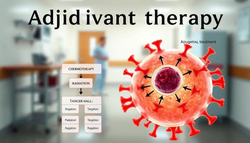 A detailed medical illustration depicting the definition of adjuvant therapy in oncology. In the foreground, a clear and labeled diagram showcases the key components of adjuvant treatment, including chemotherapy, radiation, and targeted therapies. In the middle ground, a close-up of a cancer cell undergoing these adjuvant interventions, with arrows and annotations explaining their mechanisms of action. The background features a softly blurred medical setting, such as a hospital ward or research laboratory, to establish the clinical context. The lighting is soft and natural, creating a calm, authoritative atmosphere. The composition and angles prioritize legibility and educational value, rather than artistic flourishes, to serve the informational needs of the article.