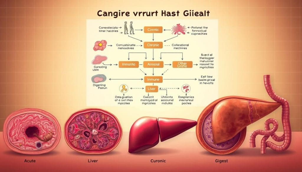 A detailed medical illustration depicting the different types of graft versus host disease. The foreground shows cross-sections of skin, liver, and gastrointestinal tissue, each exhibiting characteristic pathologies associated with acute, chronic, and other subtypes of GVHD. The middle ground features a detailed diagram highlighting the underlying immune mechanisms, with arrows and callouts explaining the key processes. The background is a soft, muted tone suggesting a clinical setting, with subtle grid-like patterns evoking medical imaging. The lighting is warm and directional, creating depth and emphasizing the textural details of the tissues. The overall composition is balanced and informative, designed to clearly convey the essential facts about the different GVHD types to a medical audience.
