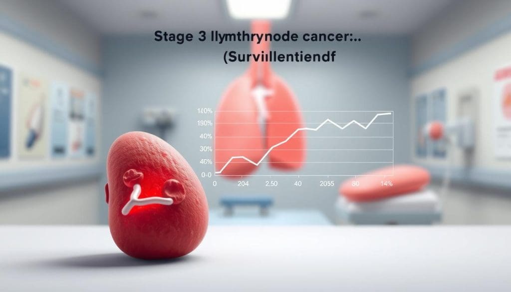 A detailed medical illustration depicting the stage 3 lymph node cancer survival rate. In the foreground, a stylized lymph node structure showcases the progression of the malignancy. The middle ground features a line graph presenting survival statistics, conveying the prognosis for this stage of lymphoma. The background is a softly blurred medical environment, with subtle anatomical references to provide context. The lighting is clean and clinical, emphasizing the informative nature of the image. The overall mood is one of objective, factual presentation, guiding the viewer through the key data points related to stage 3 lymph node cancer survival.
