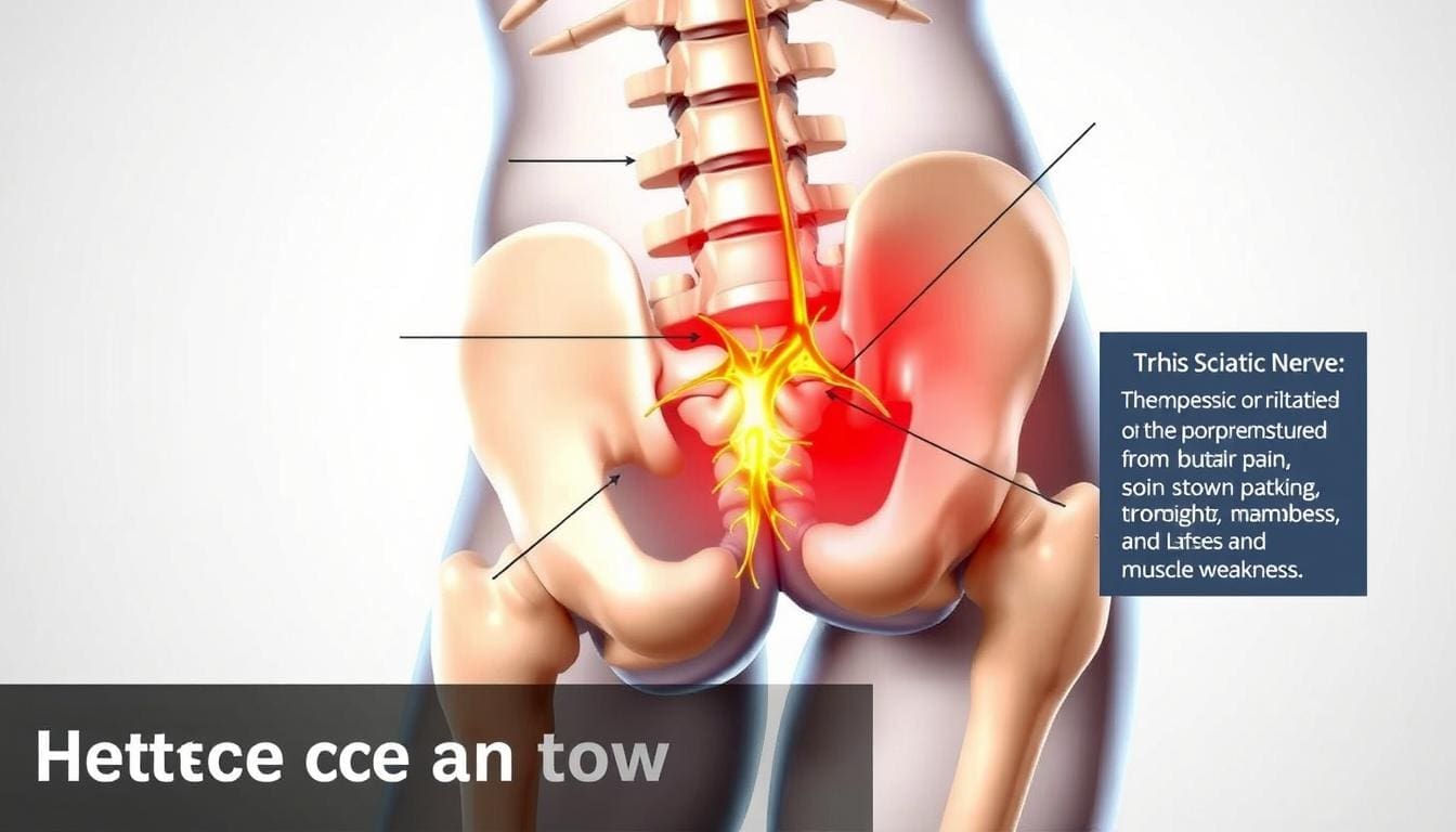 A detailed medical illustration showcasing the anatomy and physiology of sciatica. Prominently feature the spine, pelvis, and lower extremities, highlighting the sciatic nerve pathway from the lumbar spine down through the buttocks and legs. Depict the compression or irritation of the sciatic nerve, with clear visual indicators of the associated symptoms such as radiating pain, numbness, and muscle weakness. Utilize a neutral color palette with high-contrast shading and realistic textures to convey a sense of clinical precision. Present the scene from a slightly elevated angle, creating a sense of depth and dimensionality. Ensure the overall image is informative, visually engaging, and suitable for use in a medical or educational article on the causes and symptoms of sciatica.