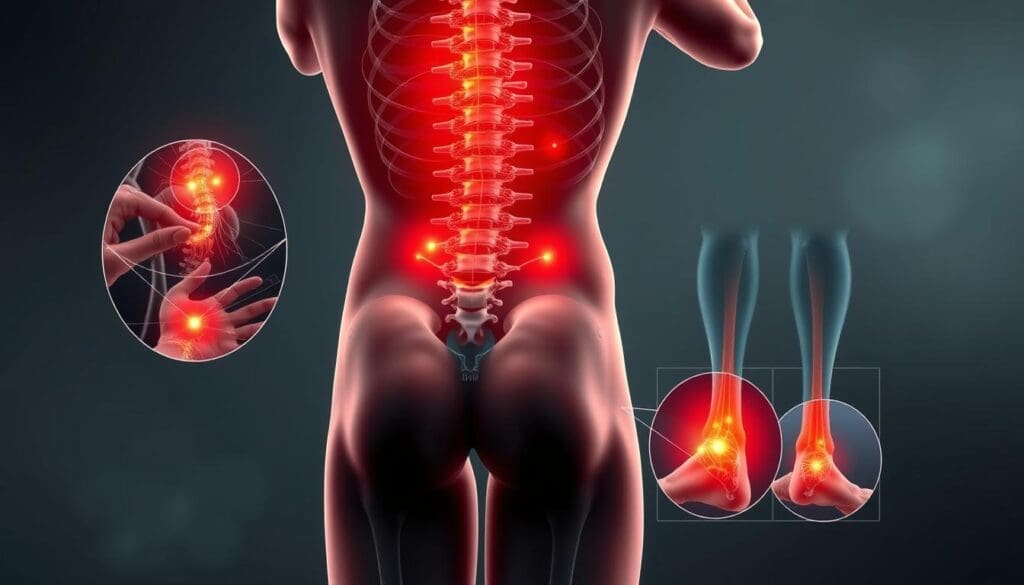 A detailed medical illustration showcasing the key symptoms of back pain numbness. The foreground depicts a human spine with highlighted areas of nerve pain and numbness radiating down the legs. The middle ground shows close-up views of the affected nerves, with clear visual markers for tingling, weakness, and loss of sensation. The background features a realistic anatomical backdrop, with soft lighting and a muted color palette to convey the seriousness of the condition. Rendered in a high-resolution, photorealistic style that accurately conveys the medical nature of the subject matter. A detailed medical illustration showcasing the key symptoms of back pain numbness. The foreground depicts a human spine with highlighted areas of nerve pain and numbness radiating down the legs. The middle ground shows close-up views of the affected nerves, with clear visual markers for tingling, weakness, and loss of sensation. The background features a realistic anatomical backdrop, with soft lighting and a muted color palette to convey the seriousness of the condition. Rendered in a high-resolution, photorealistic style that accurately conveys the medical nature of the subject matter.