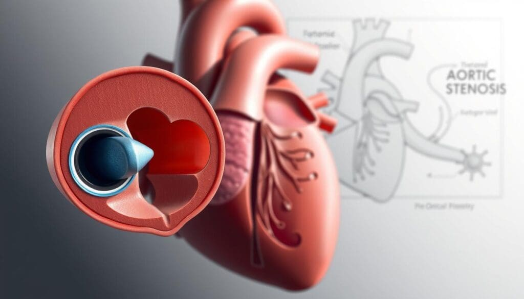 A detailed medical illustration showcasing the key warning signs of aortic narrowing. In the foreground, a cross-section of the aortic valve reveals a partially obstructed opening, highlighted with subtle blue hues. The middle ground depicts the heart's left ventricle, rendered with precision, emphasizing the thickened muscle walls indicative of the condition. In the background, a muted anatomical diagram provides context, highlighting the aorta's gradual constriction. Realistic lighting casts soft shadows, enhancing the medical authenticity. Rendered in a neutral color palette, the image conveys a sense of clinical severity without distracting elements, focusing the viewer's attention on the key diagnostic markers of aortic stenosis.