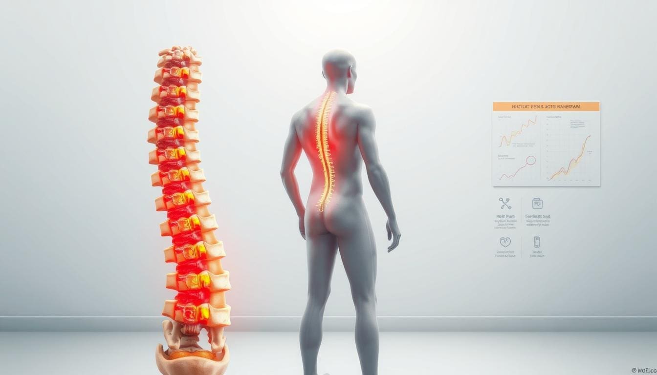 A detailed medical illustration showcasing the key warning signs of back pain and numbness. Crisp, high-resolution digital painting with a scientific, educational aesthetic. The foreground depicts a detailed anatomical cross-section of the spine, highlighting areas of inflammation, herniated discs, and compressed nerves. The middle ground features a human figure in a neutral pose, with highlighted areas of radiating pain and tingling sensations. The background provides a clean, minimalist setting with subtle medical diagrams and charts to reinforce the clinical nature of the image. Soft, even lighting accentuates the three-dimensional forms and textures. Rendered with a restrained color palette of blues, grays, and tans to convey a sense of seriousness and professionalism.