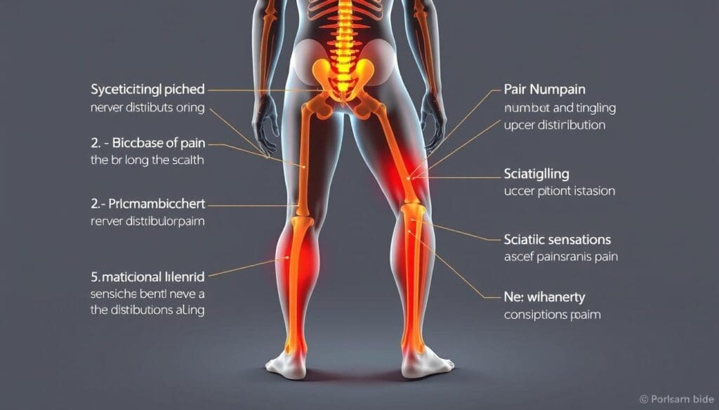 A detailed medical illustration showcasing the typical signs and symptoms of sciatica, a condition caused by a pinched nerve in the lower back. The image depicts a human figure in a neutral pose, with clear anatomical details highlighting the sciatic nerve pathway from the lower spine down through the leg. Visible symptoms include radiating pain, numbness, and tingling sensations along the sciatic nerve distribution. The overall lighting is soft and natural, allowing clear visibility of the affected areas. The composition places the figure in the center, with a clean background devoid of distractions, focusing the viewer's attention on the medical information conveyed.