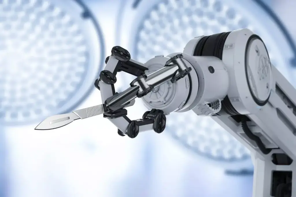 A detailed, photorealistic image of a da Vinci surgical robotic arm, set against a clean, well-lit medical environment. The arm has a sleek, metallic finish, with multiple articulated joints and precision tools at the end. The scene is captured from a low, front-facing angle, showcasing the arm's impressive scale and advanced engineering. Subtle shadows and reflections add depth and realism. The overall mood is one of clinical precision and technological innovation, befitting the article's focus on the core components and functionality of the da Vinci robotic surgery system.