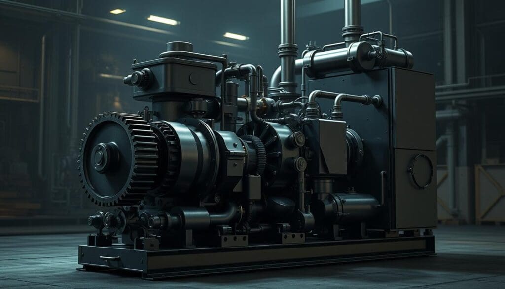 A detailed, photorealistic mechanical MVR system set against a dimly lit industrial background. The foreground features the intricate inner workings of the system, with gears, turbines, and heat exchangers visible in precise, technical detail. The middle ground showcases the overall silhouette and scale of the unit, while the background depicts the moody, factory-like setting with muted tones and subtle lighting. Emphasis is placed on conveying the efficient energy recovery process at the heart of this mechanical MVR technology.