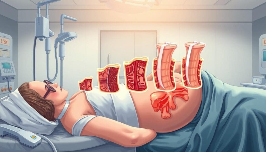 A detailed surgical illustration depicting the stages of back surgery recovery. The foreground shows a patient lying on their side, with various medical equipment and bandages visible. The middle ground highlights the healing process, with different stages of the incision and tissue repair. The background depicts a sterile hospital environment, with muted colors and soft lighting to convey a sense of calm and recovery. The overall atmosphere is one of medical professionalism and the gradual healing process, without any distracting elements.