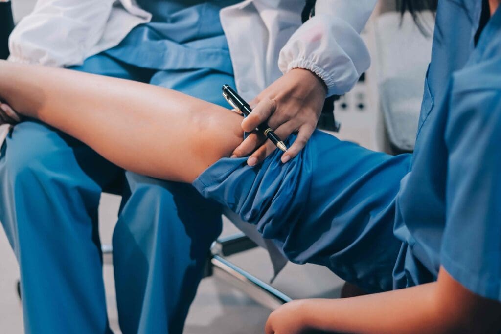 A detailed surgical scene depicting a partial knee replacement procedure